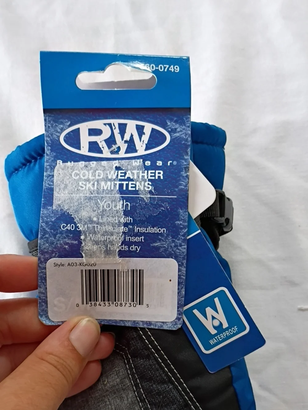 NWT RW Rugged Wear Waterproof Youth Cold Weather Ski Mittens in Blue and Gray